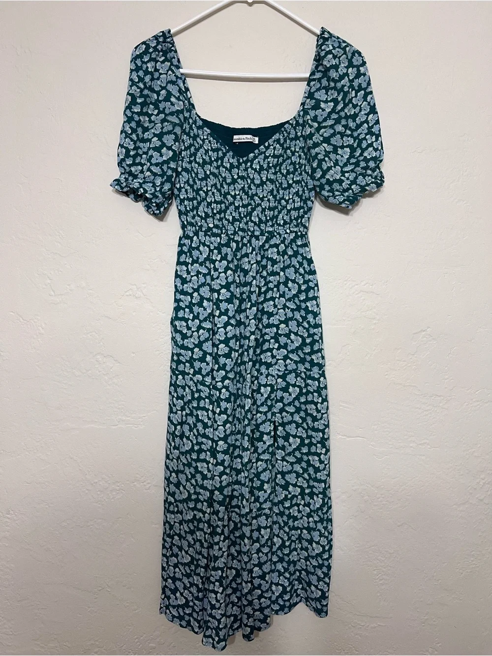 Abercrombie & Fitch Teal Floral Puff-Sleeve Midi Dress